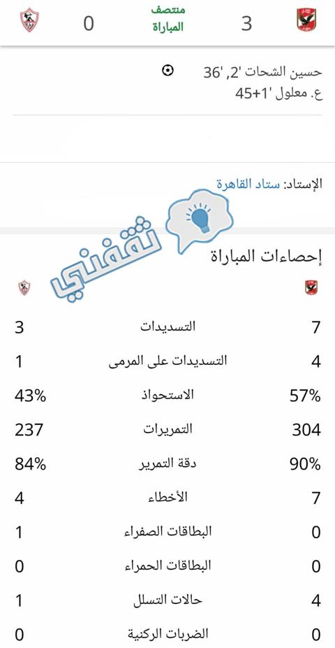 إحصائيات الشوط الأول من مباراة الأهلي ضد الزمالك في الدوري المصري