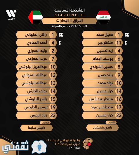 تشكيل منتخبي العراق والإمارات في مواجهة الجولة الثالثة من دور المجموعات في بطولة غرب آسيا