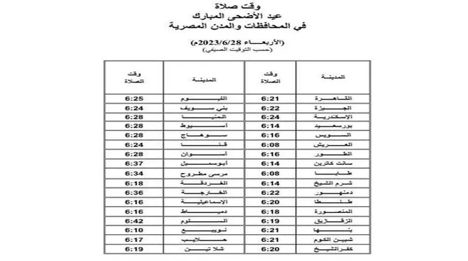 الساعة كام موعد صلاة عيد الأضحى 2023 في مصر||