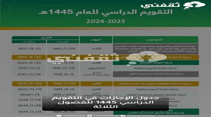 التقويم الدراسي 1445 Pdf.. ننشر جدول إجازات